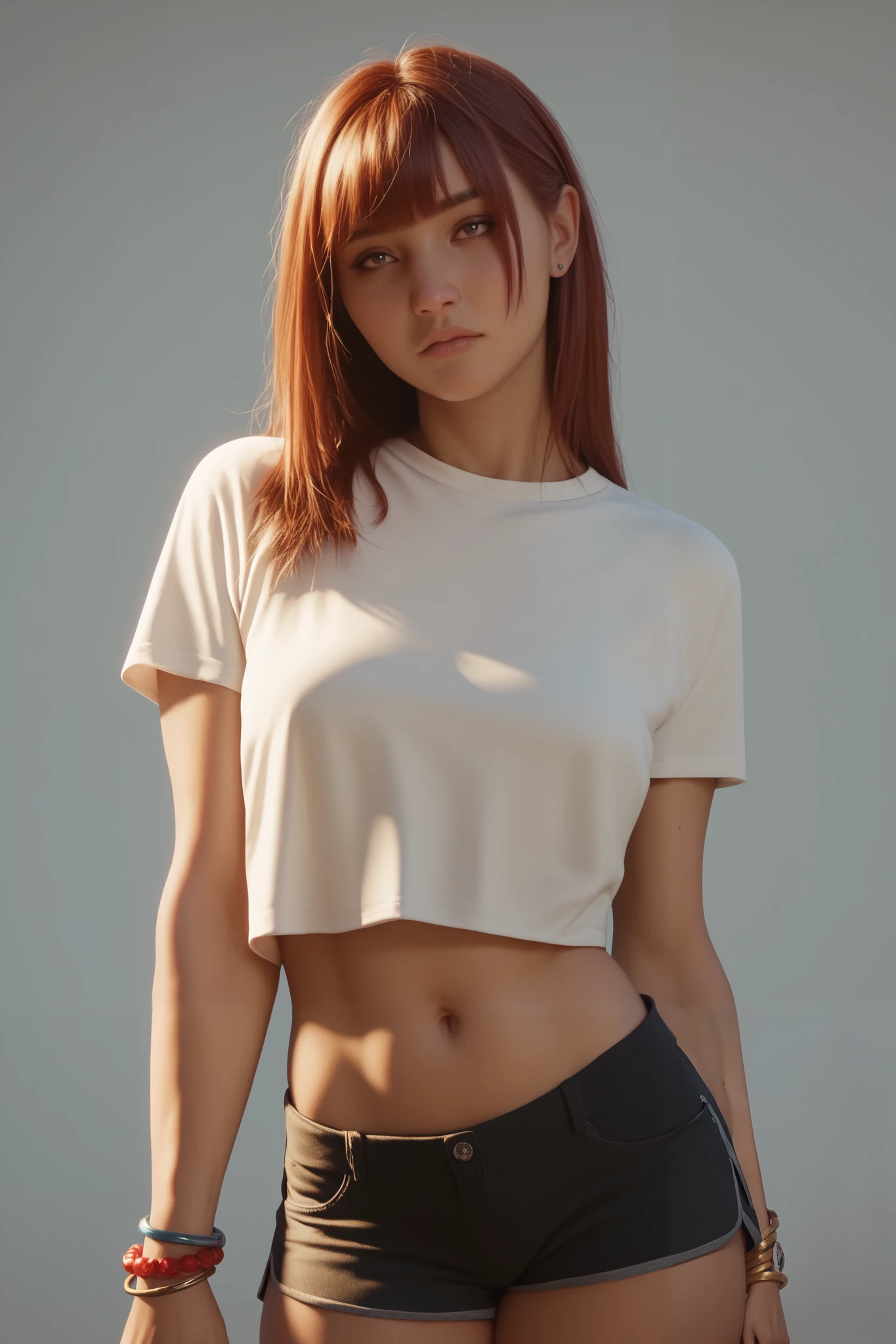 score_9, score_8_up, score_7_up, 1 Danish girl , cropped t-shirt with “” marked on it , shirt hair with bangs, Black hot shorts , Navel , bracelets