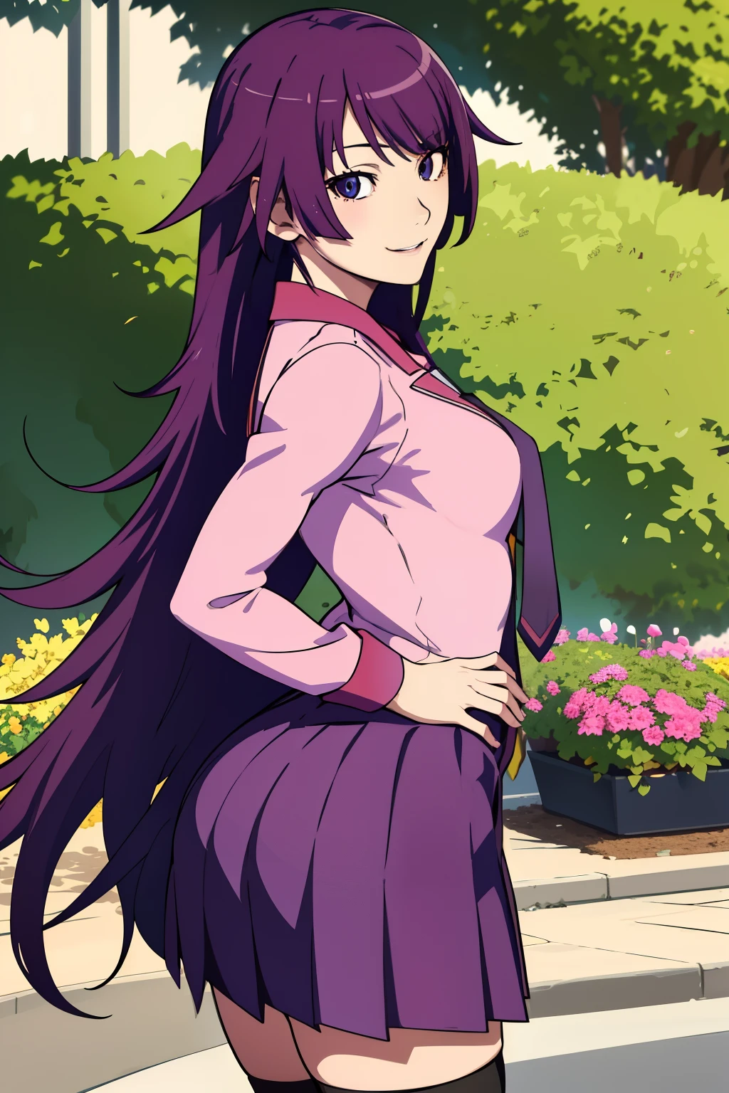 (Masterpiece), (top quality), (high resolution), (detailed face), (focus on face), (Anime Coloring Book), (Perfect hands, Perfect Anatomy)
garden, flower, cowboy shot, smile, daylight,
1 girl, Alone, watches viewers, lean forward, fold your hands behind your back,
(Senjogahara Hitagi), long hair, medium boobs, small butt, thin legs, bangs,
thigh high socks, Long Sleeve, pink shirt, school uniform, pleated skirt, tie, puff sleeve, black thigh high socks, Zettai Ryoichi , Juliet Sleeve, naoetsu high school uniform