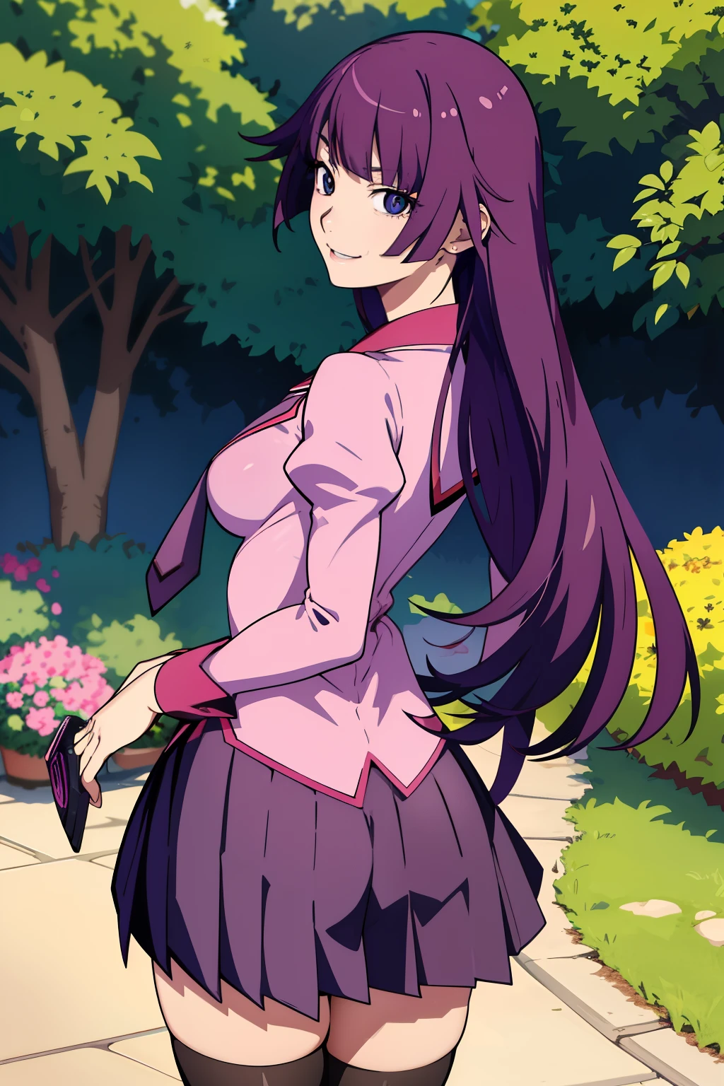(Masterpiece), (top quality), (high resolution), (detailed face), (focus on face), (Anime Coloring Book), (Perfect hands, Perfect Anatomy)
garden, flower, cowboy shot, smile, daylight,
1 girl, Alone, watches viewers, lean forward, fold your hands behind your back,
(Senjogahara Hitagi), long hair, medium boobs, small butt, thin legs, bangs,
thigh high socks, Long Sleeve, pink shirt, school uniform, pleated skirt, tie, puff sleeve, black thigh high socks, Zettai Ryoichi , Juliet Sleeve, naoetsu high school uniform