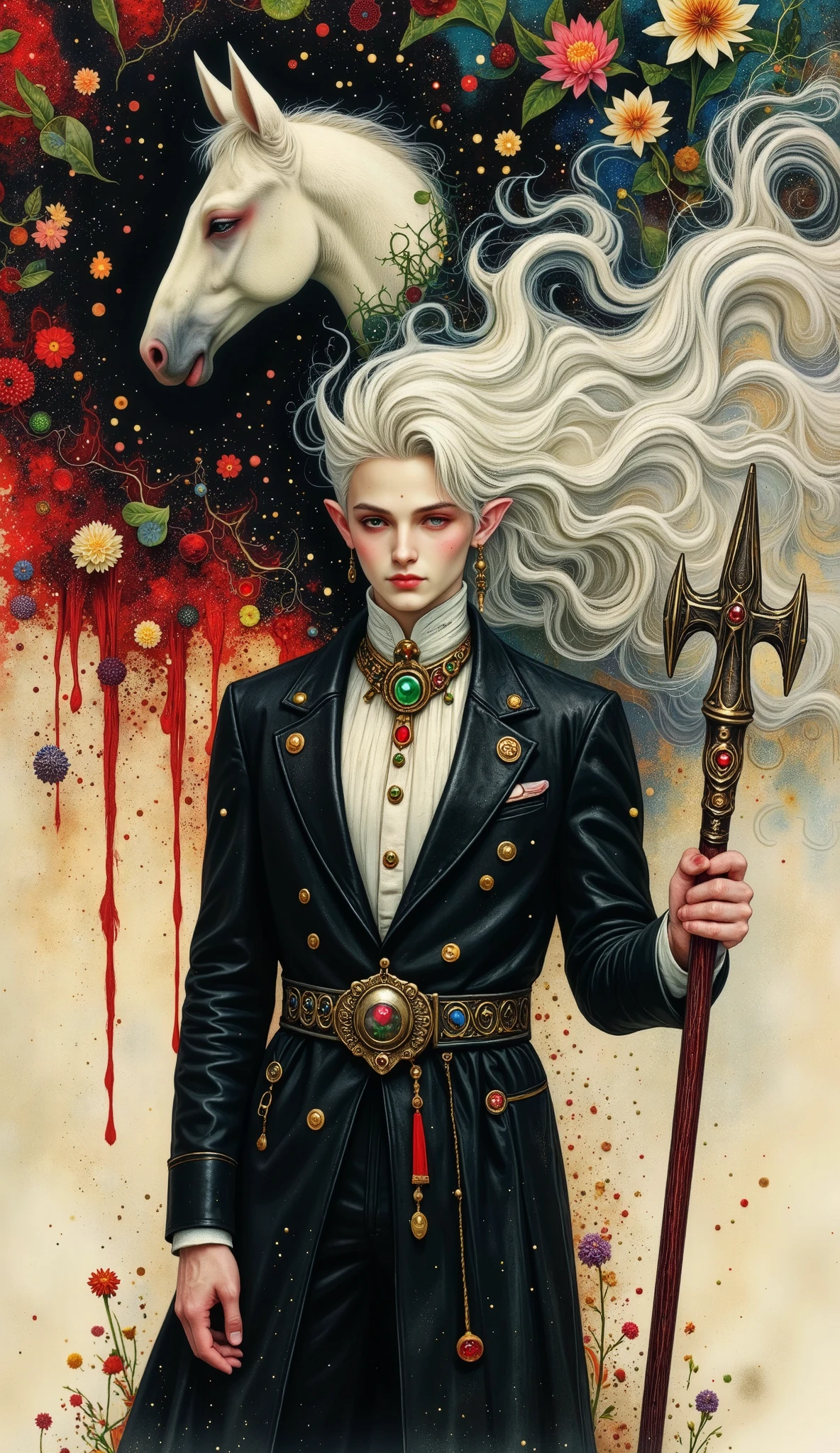 A man in a cyberpunk fantasy, detailed cybernetic guardian, mechanical wonder, Fang Tian painting halberd, white horse, vibrant red lighting, intricate machinery, cybernetic enhancements, dramatic poses, cinematic atmosphere, hyper detailed, photorealistic, chiaroscuro, cinematic lighting, Fujicolor, 8k, masterpiece, UHD, retina, masterpiece, accurate, anatomically correct, textured skin, super detail, high details, high quality, award winning, best quality, highres, 1080P, HD, 16k
