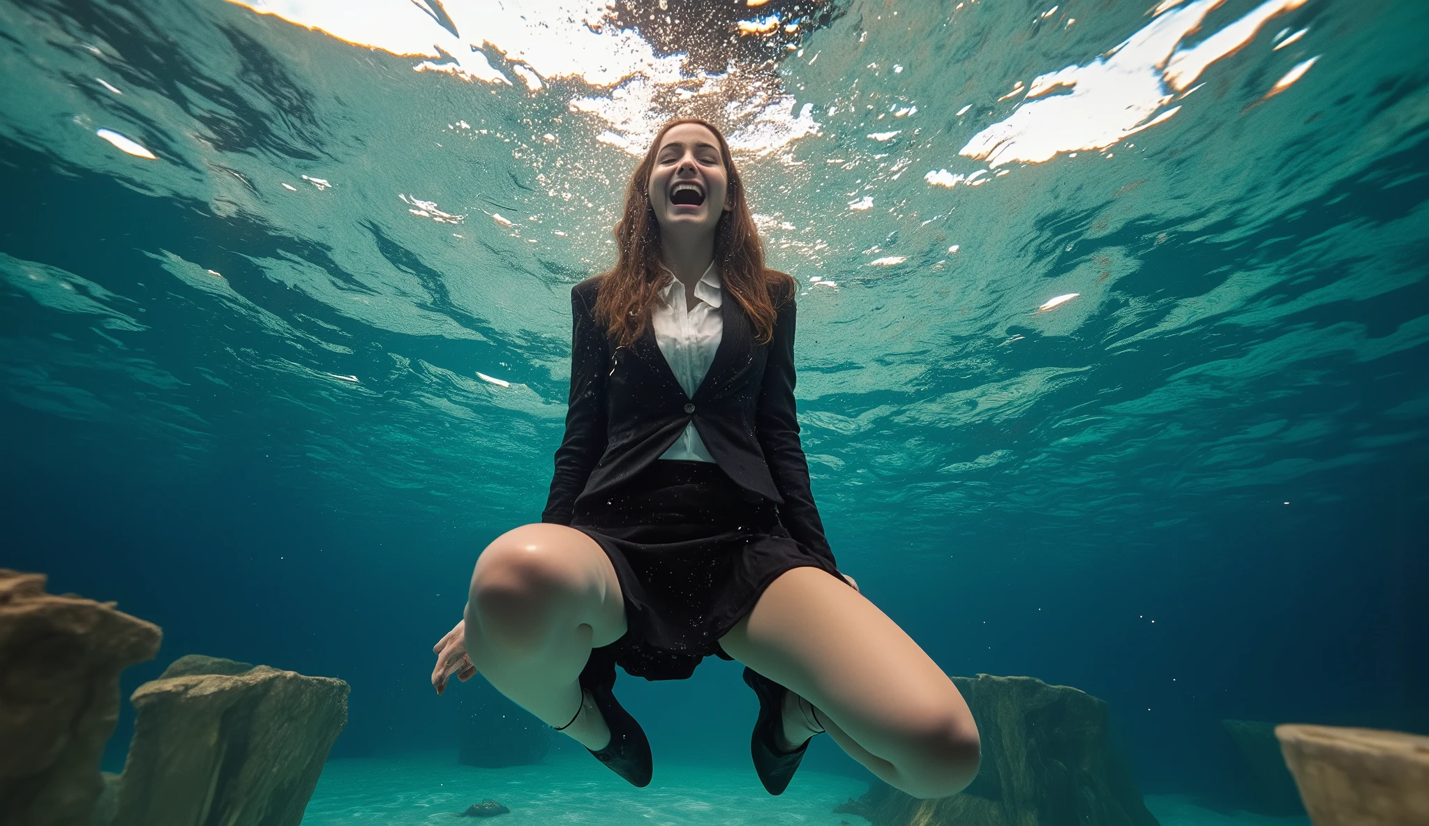 A beautiful 18-year-old girl in a black formal jacket, white blouse, black skirt and black high heels, shrieks as she is dunked in a carnival dunk tank. She is fully submerged beneath the surface of the water. She is facing the viewer. (Fully submerged, underwater, action shot)
