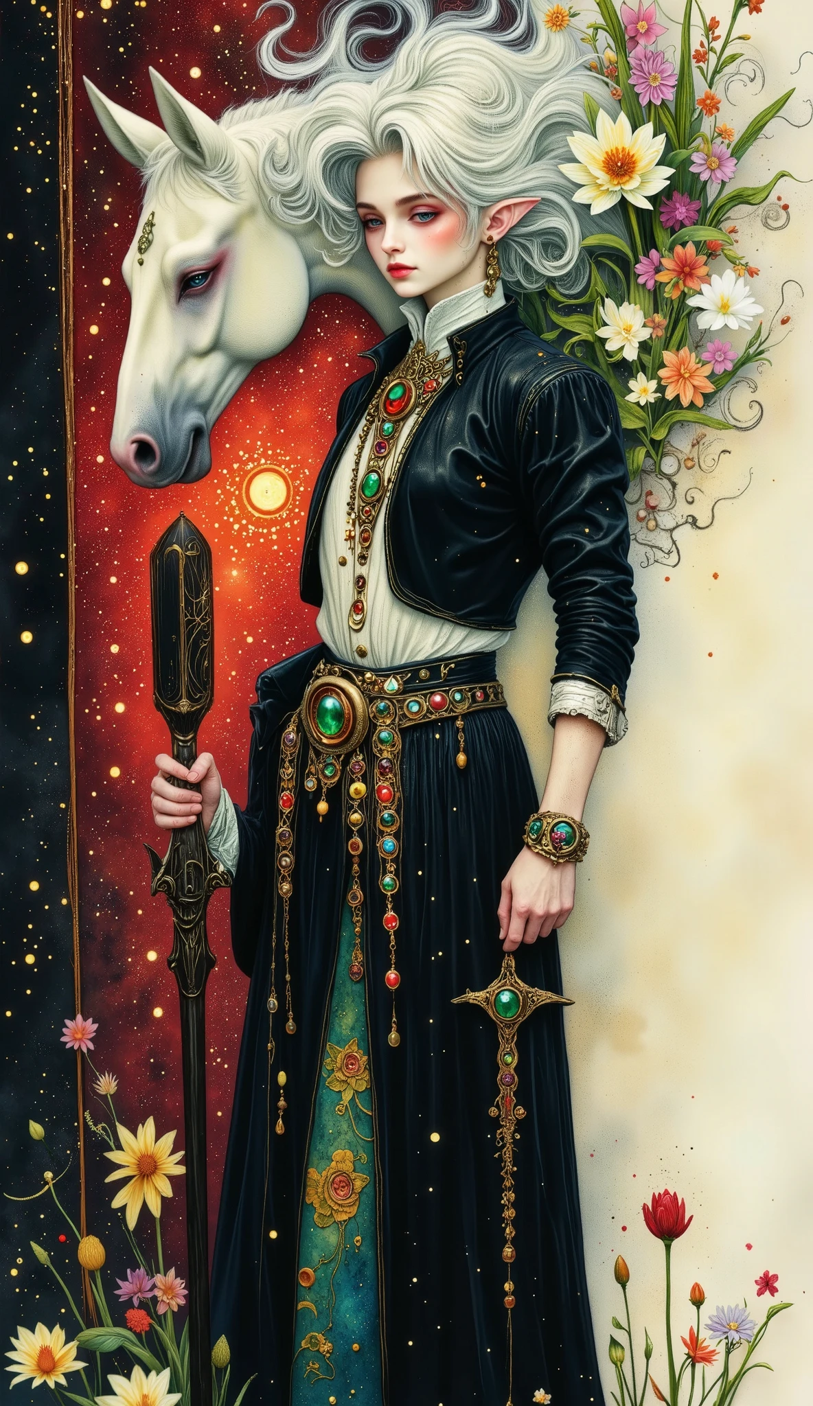 A man in a cyberpunk fantasy, detailed cybernetic guardian, mechanical wonder, Fang Tian painting halberd, white horse, vibrant red lighting, intricate machinery, cybernetic enhancements, dramatic poses, cinematic atmosphere, hyper detailed, photorealistic, chiaroscuro, cinematic lighting, Fujicolor, 8k, masterpiece, UHD, retina, masterpiece, accurate, anatomically correct, textured skin, super detail, high details, high quality, award winning, best quality, highres, 1080P, HD, 16k