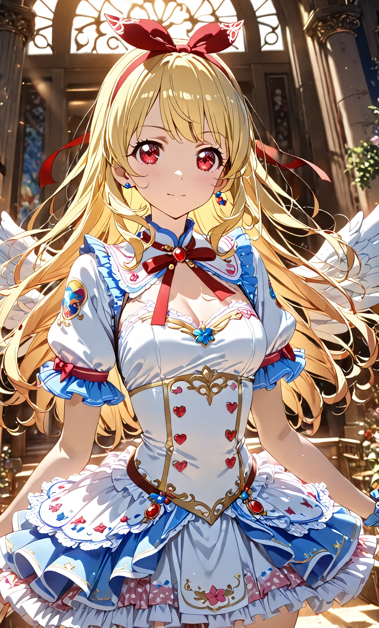 COWBOY shot:1.4,(masterpiece, best quality, highly detailed, ultra detailed, high resolution, absurdres, 4K, 8K:1.2), (official art, incredibly fine illustration, extremely detailed CG, detailed background, cinematic lighting, dynamic angle, perfect hands, detailed shiny skin, detailed hair, detailed eyes)(extremely awesome detailed pretty face,beauty face)(extremely detailed)(Three-dimensional depiction)
BREAK,,aikatsu,hosimiya ichigo, 1girl, , solo, , Blonde hair, , ANGEL wing, RED eyes, looking at viewer,Ichigo Hoshimiya (Aikatsu!),(RED Ribbon on HAIRband:1.2)