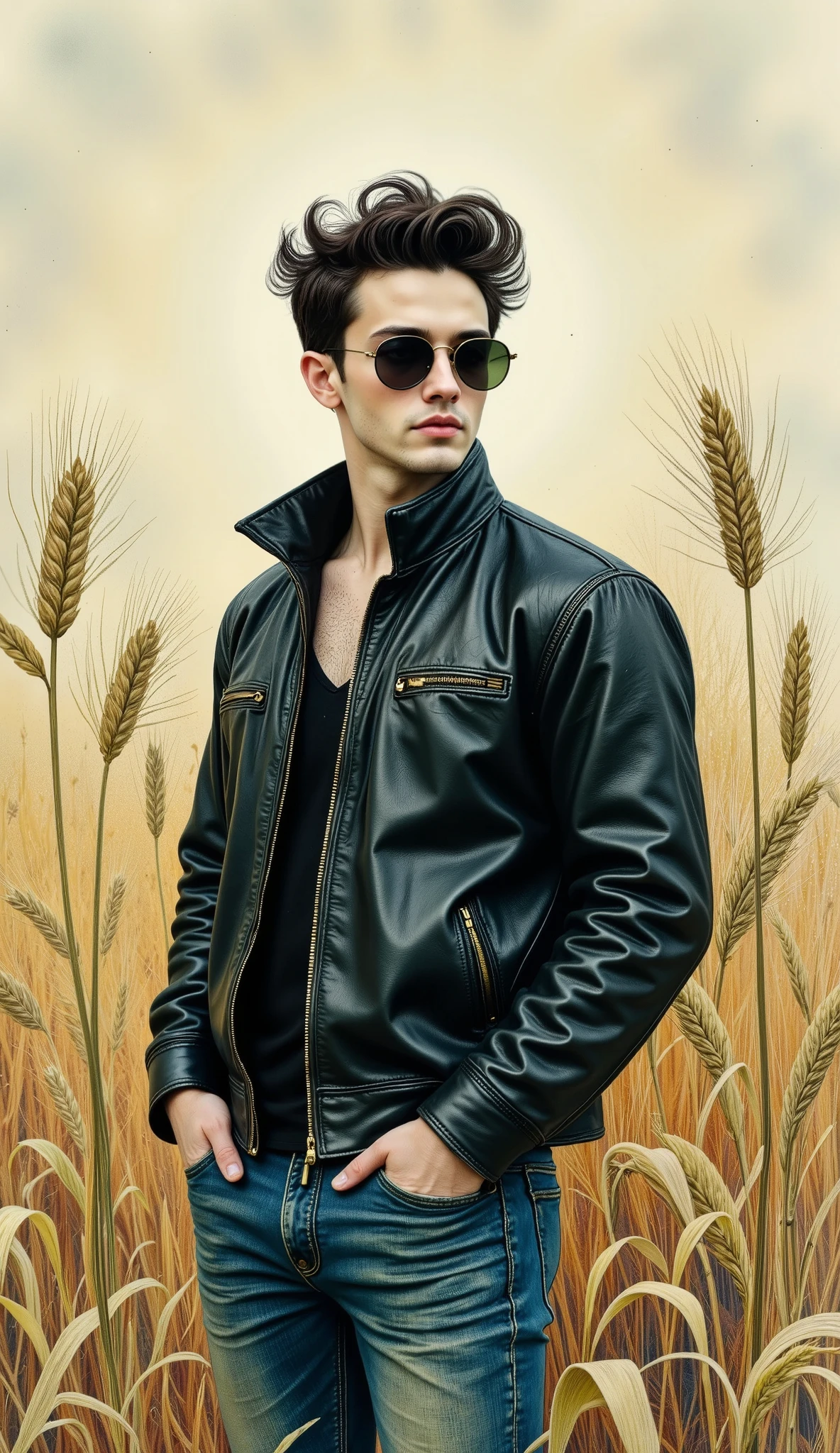  A man from Arafat wearing a leather jacket and jeans standing in a field behind the camera,  looking to the side ,  with sunglasses,  and his hands in the pockets of his jeans , in a wheat field, ,  Digital art of Gabriel Ba , tumblr, Fine Arts, Hedi Slimane,  wearing the samcrow leather jacket ,  Leather jacket and jeans , Editorial image,  editorial photograph ,  wearing a leather flight jacket  , Official Valentino editorial,  high detail, Fine Arts piece,  wearing leather jacket , Dior official editorial