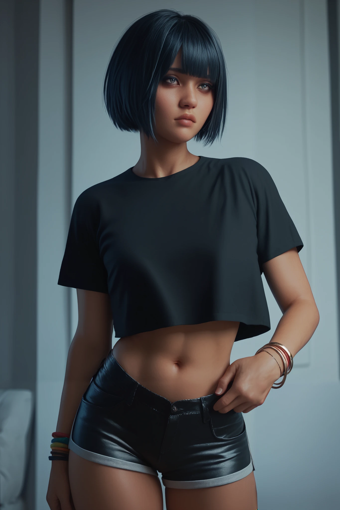 score_9, score_8_up, score_7_up, 1 Danish girl , cropped t-shirt with “” marked on it , short hair with bangs, Black hot shorts , Navel , bracelets