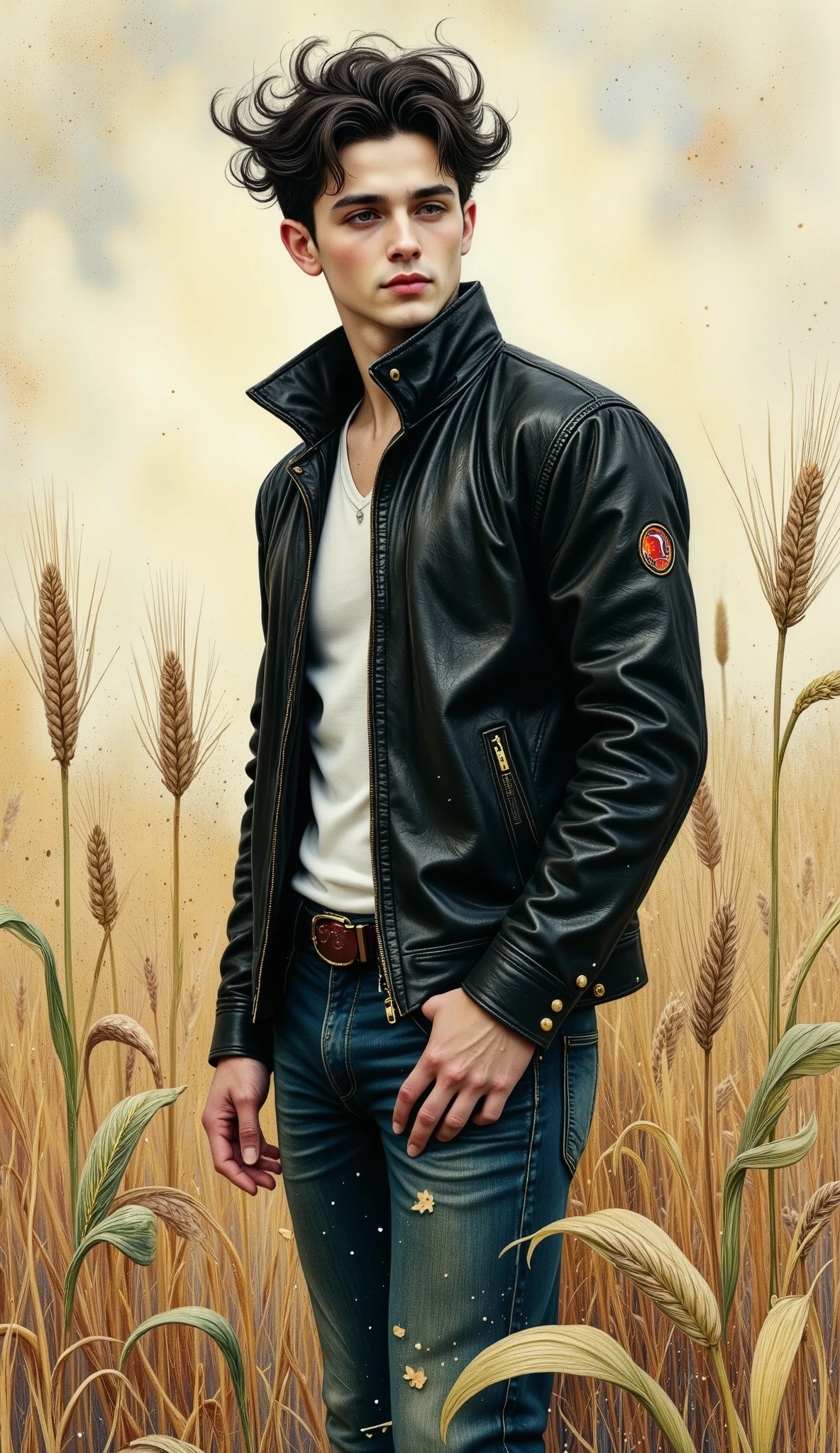 A man from Arafat wearing a leather jacket and jeans standing in a field behind the camera, looking to the side , with sunglasses, and his hands in the pockets of his jeans , in a wheat field, , Digital art of Gabriel Ba , tumblr, Fine Arts, Hedi Slimane, wearing the samcrow leather jacket , Leather jacket and jeans , Editorial image, editorial photograph , wearing a leather flight jacket , Official Valentino editorial, high detail, Fine Arts piece, wearing leather jacket , Dior official editorial