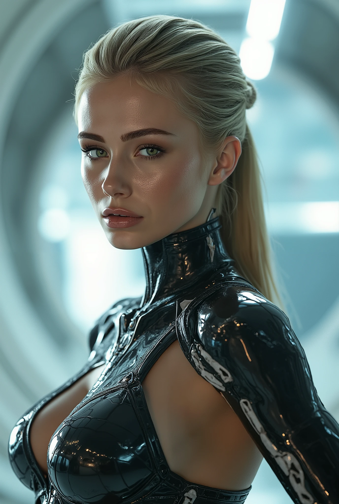 A cyborg woman with pulled back hair, in the center of a futuristic background, bathed in soft, even light. Her proportional and detailed face, with piercing eyes, gazes directly at the viewer, exuding an air of mastery. The medium body portrait showcases her sexy physique, while the day time lighting accentuates her striking features. The overall effect is a true masterpiece, boasting best quality visuals that draw the viewer in.