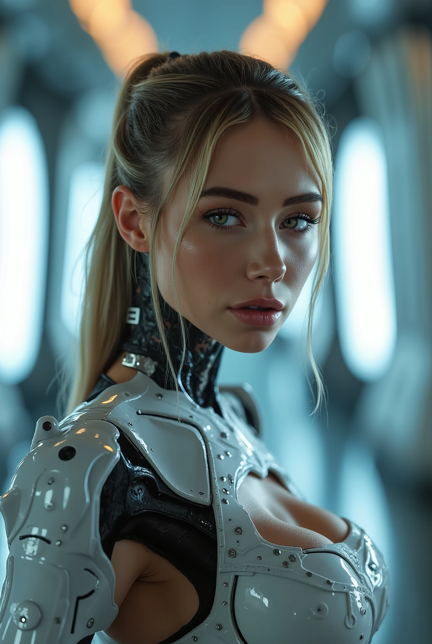 A cyborg woman with pulled back hair, in the center of a futuristic background, bathed in soft, even light. Her proportional and detailed face, with piercing eyes, gazes directly at the viewer, exuding an air of mastery. The medium body portrait showcases her sexy physique, while the day time lighting accentuates her striking features. The overall effect is a true masterpiece, boasting best quality visuals that draw the viewer in.