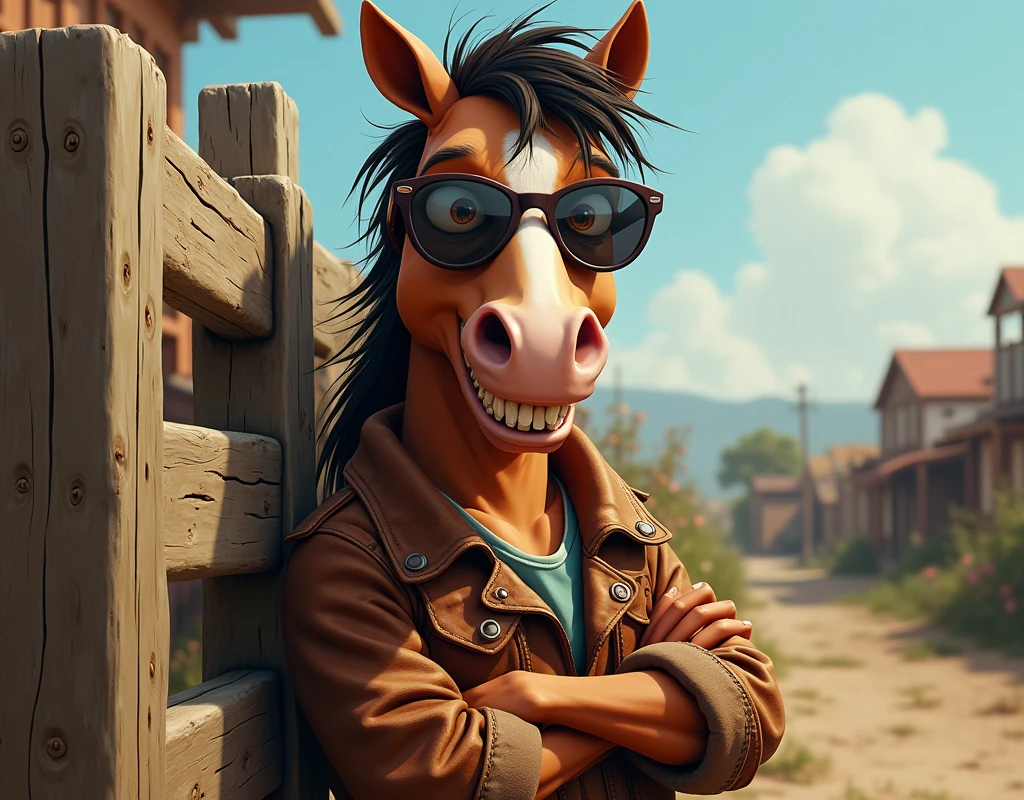 "A wildly exaggerated, cartoonish anthropomorphic horse with a hilariously goofy yet confident personality. The horse has big, expressive eyes, a wide toothy grin, and an over-the-top, slightly ridiculous facial expression, similar in humor to the reference camel. His proportions should be stretched and exaggerated—a long, flexible neck, oversized teeth, and a smug but lovable attitude. He’s rocking a pair of slightly crooked sunglasses and a cheap, worn-out leather jacket, giving him a "too cool for this farm" vibe. His pose is casual but full of personality, maybe leaning against a dusty fence with crossed arms or making a dramatic hand gesture.
The background should be a run-down, scrappy farm, NOT a luxurious or polished place—more like a backyard where the animals hang out and crack jokes all day. The art style should feel rough, gritty, and indie, avoiding clean Disney/Pixar aesthetics. Think underground animation style with bold, exaggerated humor. His overall presence should be hilarious, charismatic, and just the right amount of ridiculous—someone you'd want to hang out with but also laugh at."