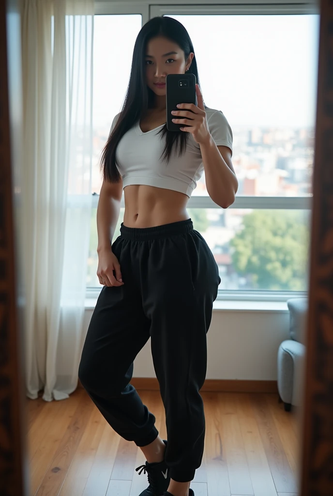 A (Beautiful) young Brazilian girl,(extremely pale skin:1.2), (straight black hair:1.2), (small pointed nose, full lips, pointed chin, small face).(Slim waist and thick hips:1.4), 19 years old, posing confidently. wearing a 2-piece sportswear, black sportswear. simple clothes, tight pants bottom(Vagina line:1). standing facing front, in a room, in front of a wide sofa, window with wide view of modern city.