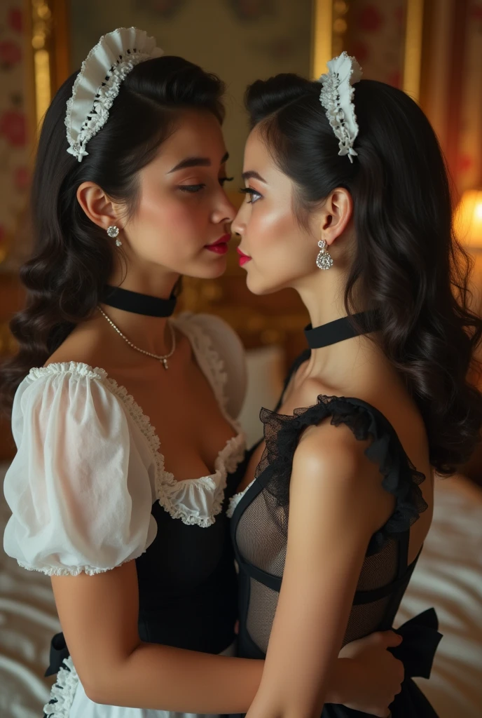 proFessional photograph oF a gorgeous eyes closed soaked Bettie page girl and her sister, (( lying on a black satin bed,, grabbing her from behind, kissing her on the mouth ,)dressed with a large black cloth coat,ponytail Black hair, red lipstick, black long maxi-skirt(black long maxi-skirt:1.2),sultry Flirty look, gorgeous symmetrical Face, joli maquillage naturel, wearing elegant warm winter Fashion clothing,flirting with the camera, ((black gloves)),, ultra realistic, art conceptuel, elegant, Very detailed, complexe, sharp Focus, depth oF Field, F/1. 8, 85mm, (((proFessionally color graded))), bright soFt diFFused light, (volumetric Fog), tendance sur Instagram, hdr 4k, 8K