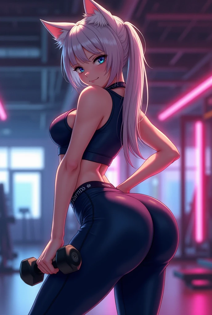 gym, exersice, workout, hot, sweating, sweaty, big boobs, lifting, yogapants,flustered, blush, black clothes, see thru, white hair, long hair, yogapants, pink headband , sexy body, lean body, headset, headphones, inside gym, exercise ball, ball, sitting on exercise ball, ball, ass, ass in shot, booty, ass on ball,yogapants, wearing pants, black yogapants, pants