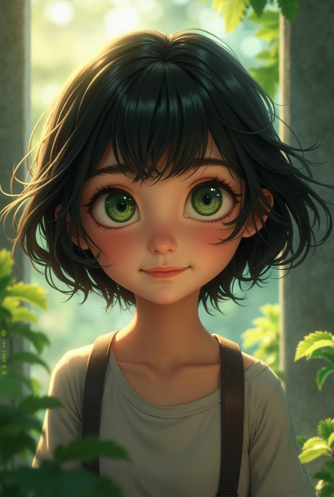 Imagine that a happy, smiling child is a 5-year-old girl, com cabelos castanhos e olhos verdes. She's sitting at a table, with a pencil in hand. Ela tem um quadro na parede com o nome "LIZ"
The little house is small and simple, com um telhado vermelho, paredes brancas e uma porta verde. Child is carefully drawing the word "LIZ", Paying attention to detail.