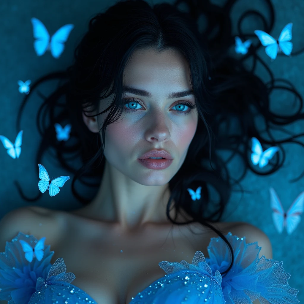 (realistic:1.3), finely detailed, quality, rembrandt lighting, (masterpiece:1.2), (photorealistic:1.2), (best quality), (detailed skin:1.3), (intricate details), dramatic, ray tracing, 1girl, french girl, 21 years old, detailed skin texture, (blush:0.5), (goosebumps:0.5), subsurface scattering, smiling, medium breasts, long hair, blunt bangs, blonde hair, dress, candles, (indoors, night, dark bathroom, lying in bathtub, (glowing blue butterflies:1.1)), <lora:cinematic sets_20231118021952:0.6>