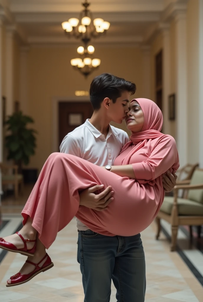 A hijabi girl in her husband’s shoulder. Girls wearing long kameez without pajama pant. Her legs and thigh are visible from side of her dress. Boy wearing a tshirt and trouser.