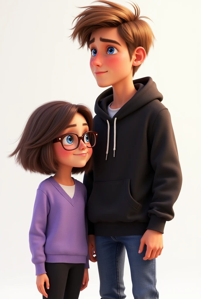 A tall boy and a short girl. The boy  has light brown hair and blue eyes, he wears a black hoodie and jeans. The girl has shoulder-length brown hair and wears glasses which has a brown frame, she wears a light purple sweater and black pants. They are in love.  Disney Pixar poster