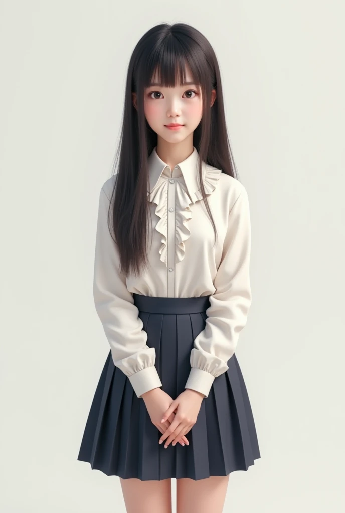 (masterpiece、Highest quality:1.7)、(13 years old:1.5)、(Full body shot:1.5)、Bobcut、Black Hair、85mm、16K、Official Art、RAW Photos、Best Beautiful Faces、Close-up、Violet、Gardenia、((The best beautiful girl、very cute))、Red blush on cheeks、indoor、(Are standing:1.8)、Film Grain、Chromatic Aberration、Sharp Focus、(((Nice hands、Perfect hands、Perfect Fingers、Thin and delicate fingers、A perfect body without flaws)))、Detailed face、(Slender body:1.5)、(Slender body:1.4)、(Small breasts:1.7)、(Let your bangs hang down:1.8)、(Blushing:1.8)、(Low contrast lighting:1.2)、(White tight business blouse with collar:1.5)、(White bow tie blouse:1.3)、(Long sleeve: 1.5)、(White pleated mini skirt:1.5)、(Eyes closed:1.5)、(looking through legs:1.5)