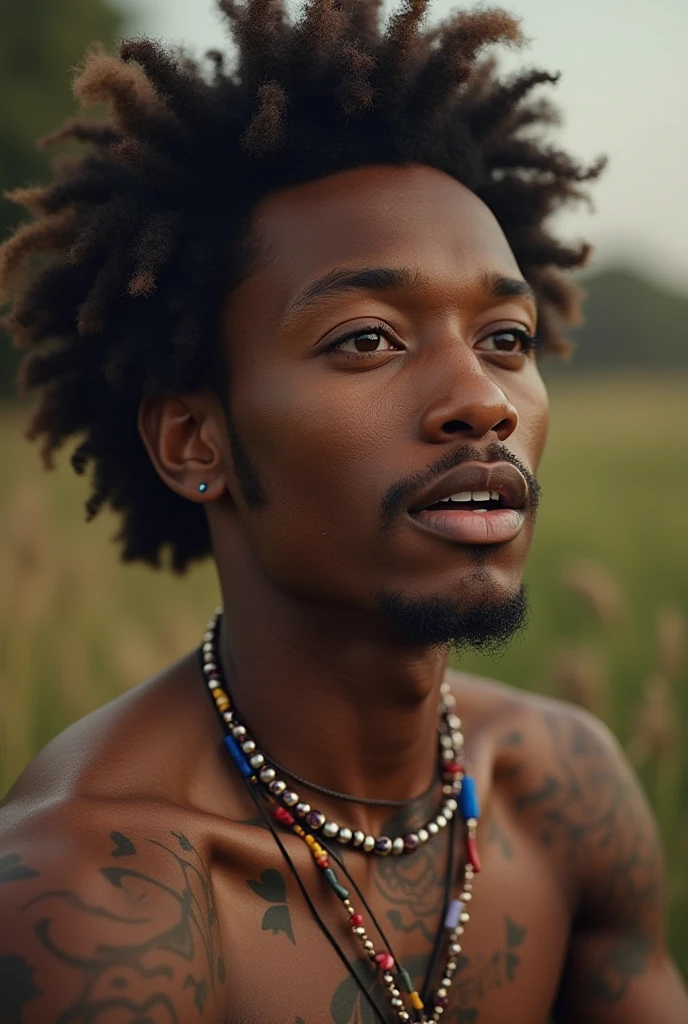 1boy, african descent, close up face shot, in a field of flowers, golden lights, big smile, flower in hair, looking over shoulder