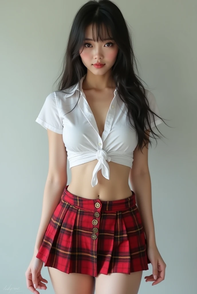 (best quality,ultra-detailed,realistic:1.37),beautiful detailed eyes,beautiful detailed lips,extremely detailed face,pretty face,long black and red hair,slim waist,busty figure,japanese school uniform,vivid colors,portrait,studio lighting,black and red color scheme,gray and red eyes,sharp focus