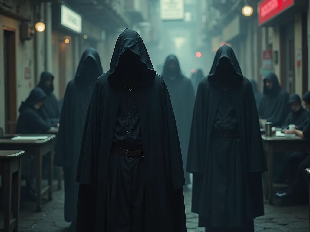 three people in black robes stand in a dark alleyway, spooky netflix still shot, dark robes, wearing dark robes, black robes, dark, in this ominous scene, dark figures walking, 8 k movie still, still from a live action movie, kramskoi 4 k, 4k movie still, 4 k movie still, phantom ghosts in the background,
three people in black robes stand in a dark alleyway, a detailed matte painting by Han Gan, shutterstock, conceptual art, spooky netflix still shot, dark robes, wearing dark robes, dark, black robes, in this ominous scene, dark figures walking, 8 k movie still, still from a live action movie, kramskoi 4 k, 4 k movie still.