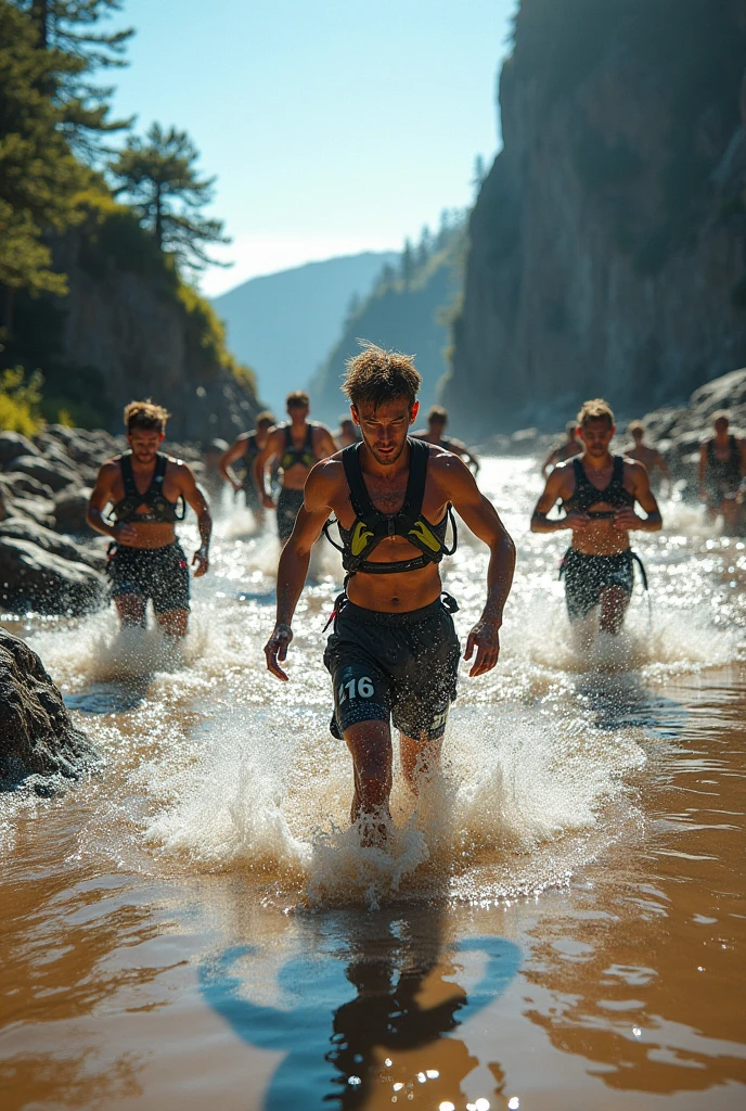 4 white men chained at the waist running (chains pass between men's waists), simple clothes and bare feet,