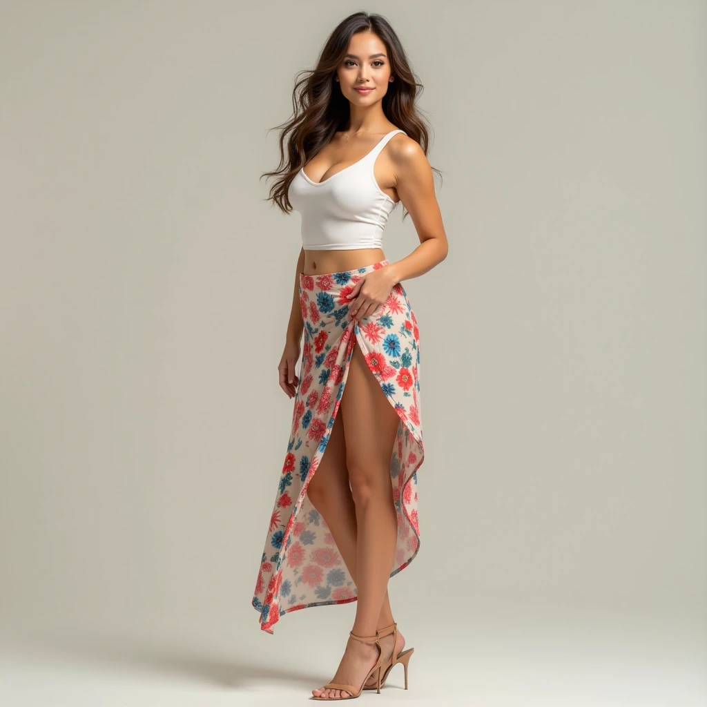 RAW portrait photo of 1 brunette woman with long hair, walking on the middle of the road, cars, traffic wearing a long wrap around printed skirt and sexy top, imagem de perfil, russian supermodel, medium firm breasts, soio, revela seu corpo, transparente, altamente detalhado, skin imperfections:1.1), detalhada, specular illumination, DSLR, ultra qualidade, foco nítido, grain of film, Sharp features, soft natural lighting, magic photography, natural lightting, Foto realism, ultra-detalhado, 8k, melhor qualidade, Ultra Alto Nadaolução, (fotorrealista: 1.4), alta resolução, detalhada, foto crua, sharp re, (8k, 4k, melhor qualidade, alto, Ultra alto nada:1.1), (obra-prima, realista, realista:1.1), Estilo Raw 50