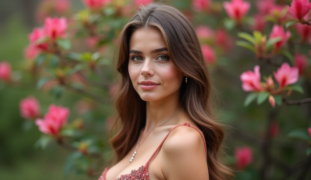 masterpiece ,ultra realistic, high quality,1GIRL, ultra detailed 1.2), HD 8k quality1.2), college 18 year collage girl, golden pink red drees, golden pink colour lipstick, golden pink red colour skin ,realistic skin texture , ultra HD, blue brown eyes, smile face , deep forest field, soft golden mirrored light, golden brown eyebrow, long hair, pink golden red colour hair, ovel face, hair colour priority, gorgeous women, model standing 5 to 6 feet away from camera, ultra details image,