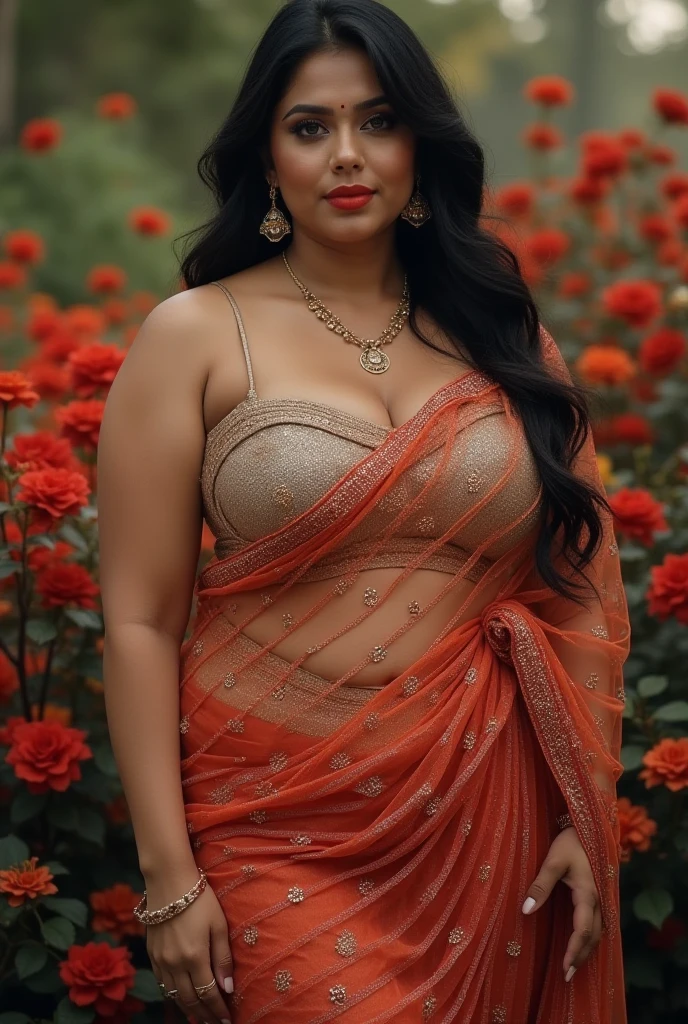 a very short and chubby voluptuous smiling Indian woman with huge saggy breasts wearing trendy gorgeous intricate traditional dress without bra at a royal palace flower garden during golden hour, warm backlit dreamlike atmosphere, soft cinematic focus, anamorphic lens flares, masterpiece, by Zack Snyder,
