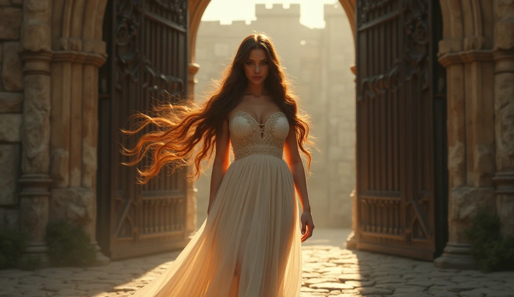 full body image of a beautiful female, long hair, fantasy, 8k, detailed shadows, vibrant, reflections, detailed, masterpiece, sharp focus, dramatic, tower in background, beautiful face