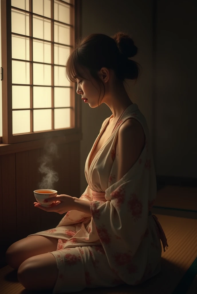 Mejor calidad, obra maestra, ultra high resolution, (fotorrealista:1.4), foto cruda, 1 chica, fuera del hombro, bathrobe, cinematic lighting, crawling, escuela, .js, elementary escuela, Ojos grandes