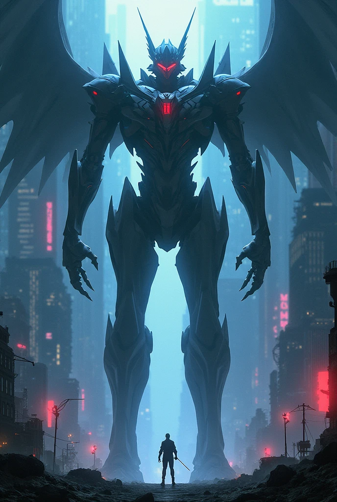 And a giant seagull, with a bluish glow radiating from his body, mouth and eyes, the kaiju is gray, with hard skin like armor or stone, is attacking a city destroying a building