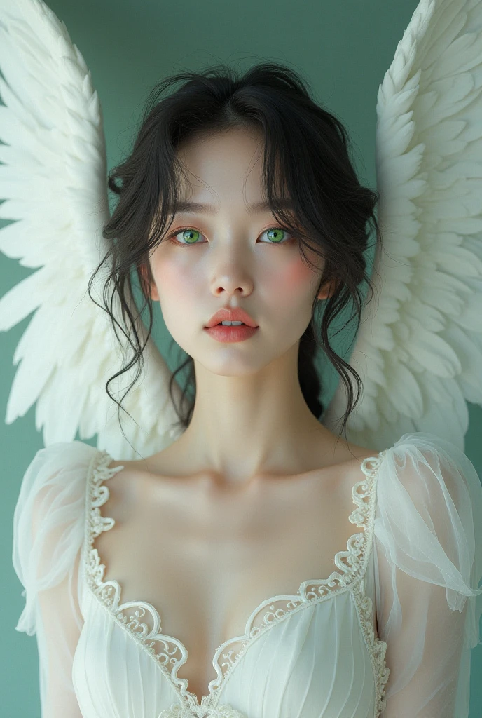 (higher resolution), 허리에 angel의 날개를 가진 아라페드 여성, No makeup , angel, without makeup, portrait of a girl, Profile picture, Use Instagram Filters, Subtle soft and dim light, perfect face, julia sardinian, Full body view,