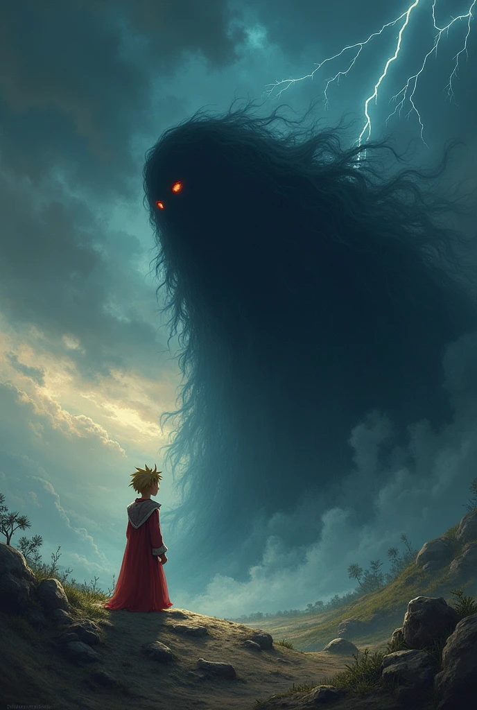 The image is anime style with shadows and dim lights, anime style although somewhat adult and dark, It shows a colossal snake made of shadows, floating above the sky among the clouds, Many red eyes appear on his body. On his head he has four red eyes on each side. and has wings also black like shadows, and irregular. She is facing a long-haired blonde female adult android who looks like a flea in front of her and who is flying beside her.. The battle takes place between the clouds.