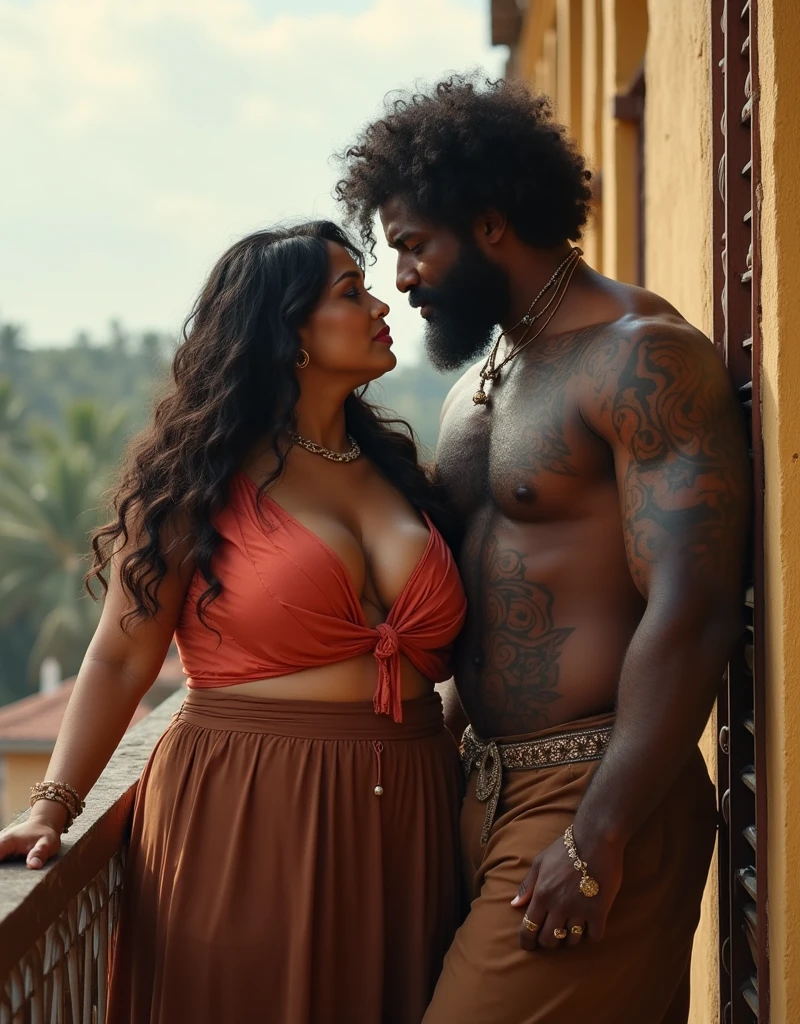 Indian actress with dark skin lifting a large chubby man high above her head with her strong arms. Photorealistic. Wide angle. Farmhouse in the background, natural smile
