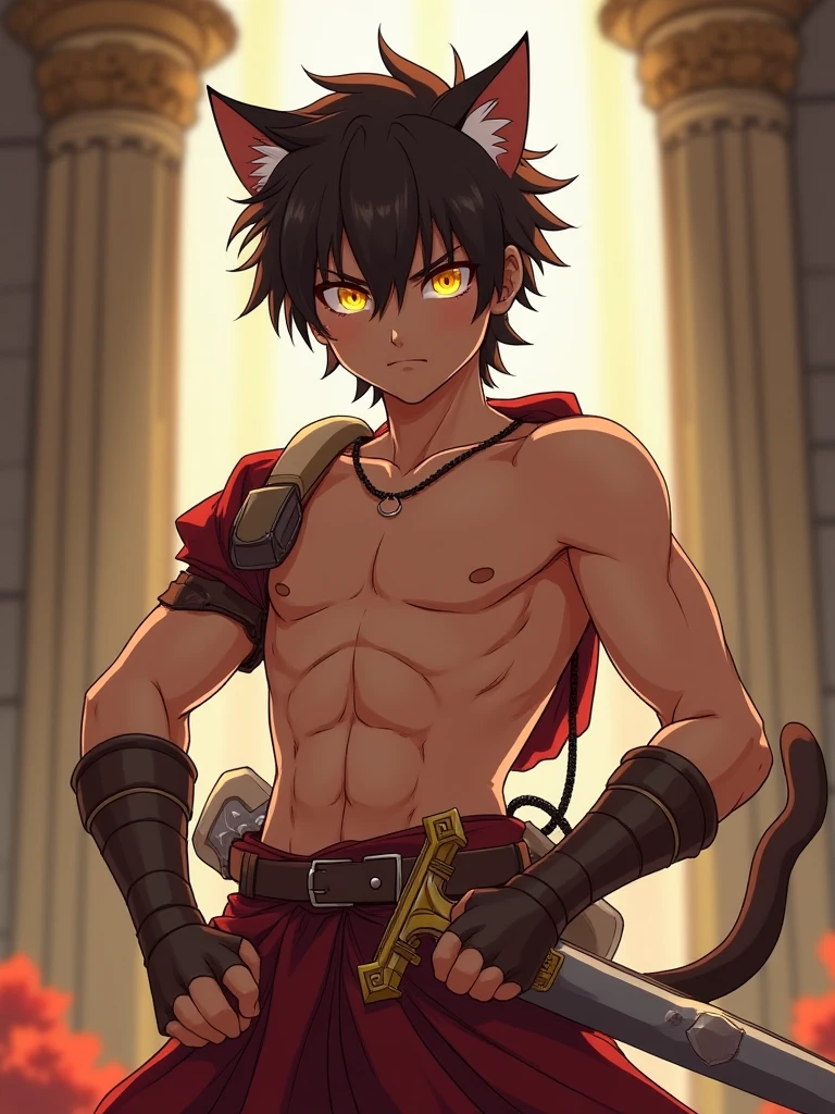 BREAK, Master masterpiece, a high resolution, 8K, detailed background, High quality, BREAK, BREAK, (black fur, black sclera, Red eyes, Fluffy fur, Detailed fur)) shaggy, broken, masculine, BOY, Humanoid, fig leaf, loincloth (Ancient Greek architecture,  necklace, Bracelet), One