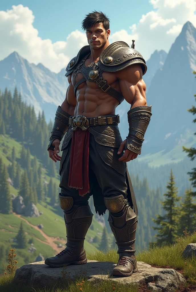 powerful gladiator, bare chest, lower body revealed from thighs to feet, detailed muscular physique, Realistic representation, 4k resolution. bottom: Colosseum during a spectacular sunset,32k UHD, Best Quality, masterpiece, Super detail, detalles highs, Highly detailed, full-color, full-length photograph of a centaur.:1.2, 1 chico, standing, high, short red hair, hooves, 4 legs, breastplate, gauntlets, realist, depth of field, photorealist,