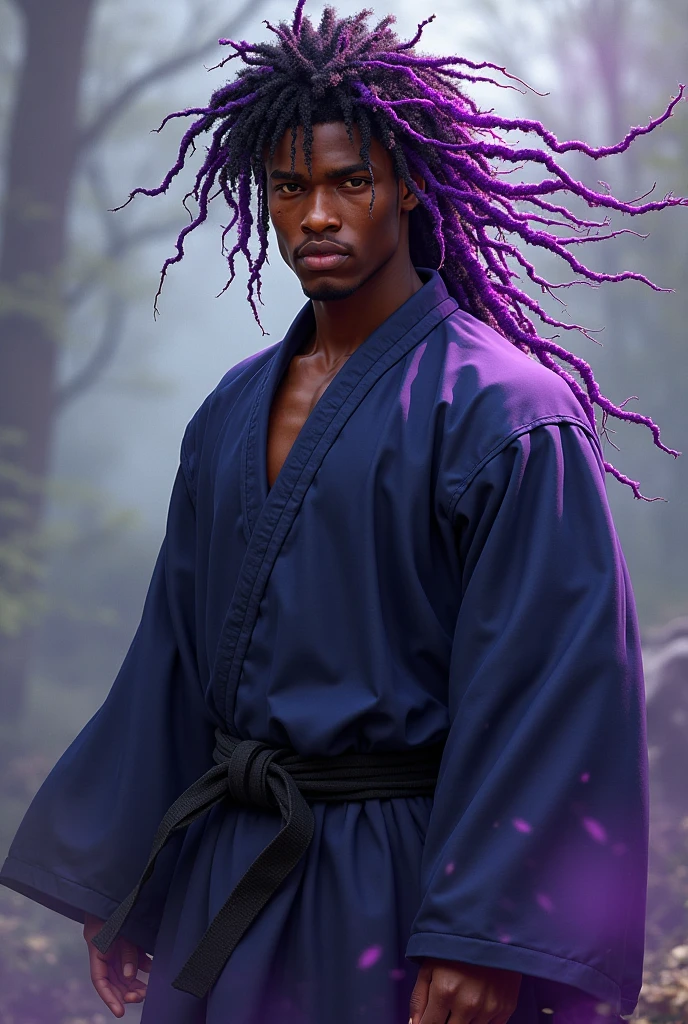 ?A dark-skinned man with pink braids with green tips, besieging green eyes, he is very handsome, wears a purple kimono in the anime Dash Kimetsu Yaiba