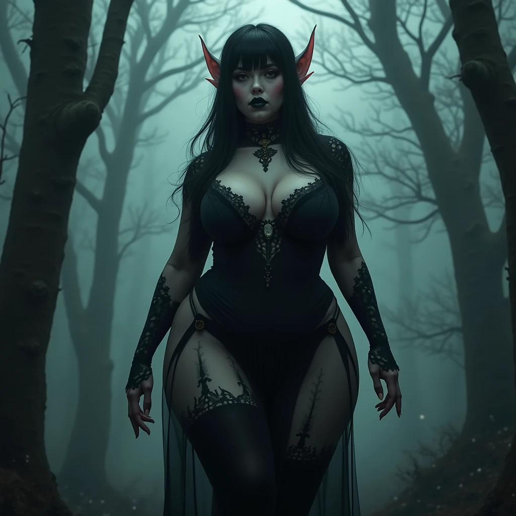 Provocative witches invoking ancient spells beneath the boughs of a towering, ancient tree in a misty, moonlit forest. Extremely sexual, (sfw huge breasts:1.6), long flowing black hair, beautiful witches. Large full moon.