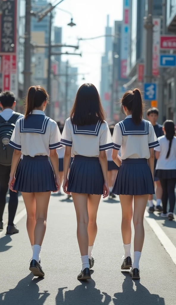 制服を着た日本の女子高生たちが、賑わう通りを歩いている. 彼らは非常に短いスカートの日本の学生服を着ています. 彼らの太ももは美しい