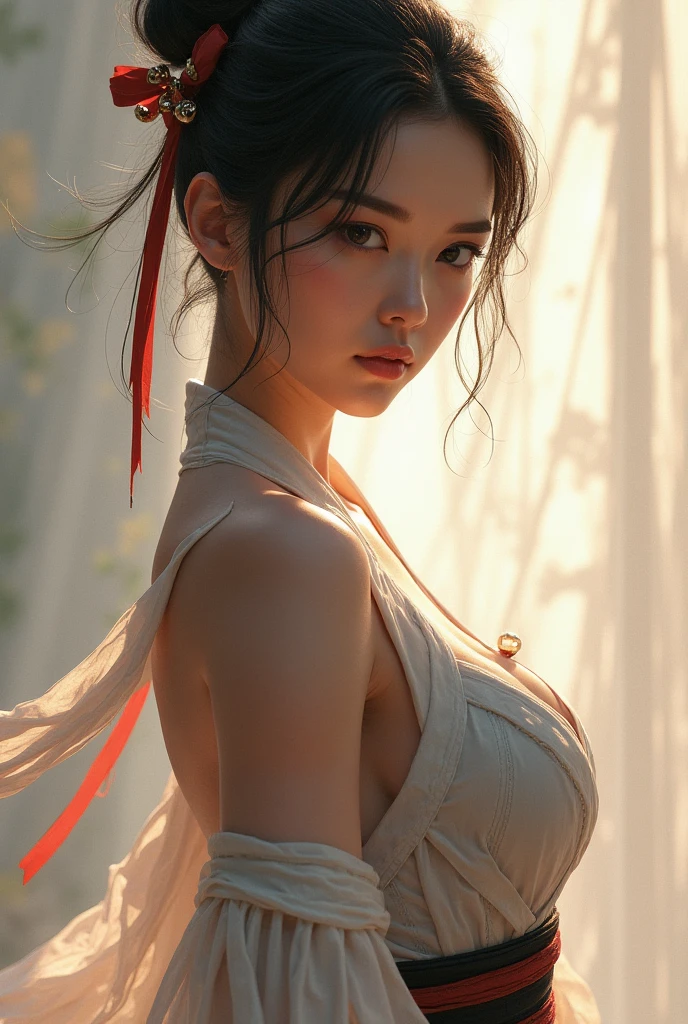 masterpiece,extremely high quality,1girl,PERFECT FACE,medium breasts,see-through,(japanese clothes),looking at viewer,standing,cowboy shot,collarbone,backlighting,<lora:lbc_ST_japanese_clothes:0.7>,simple background,