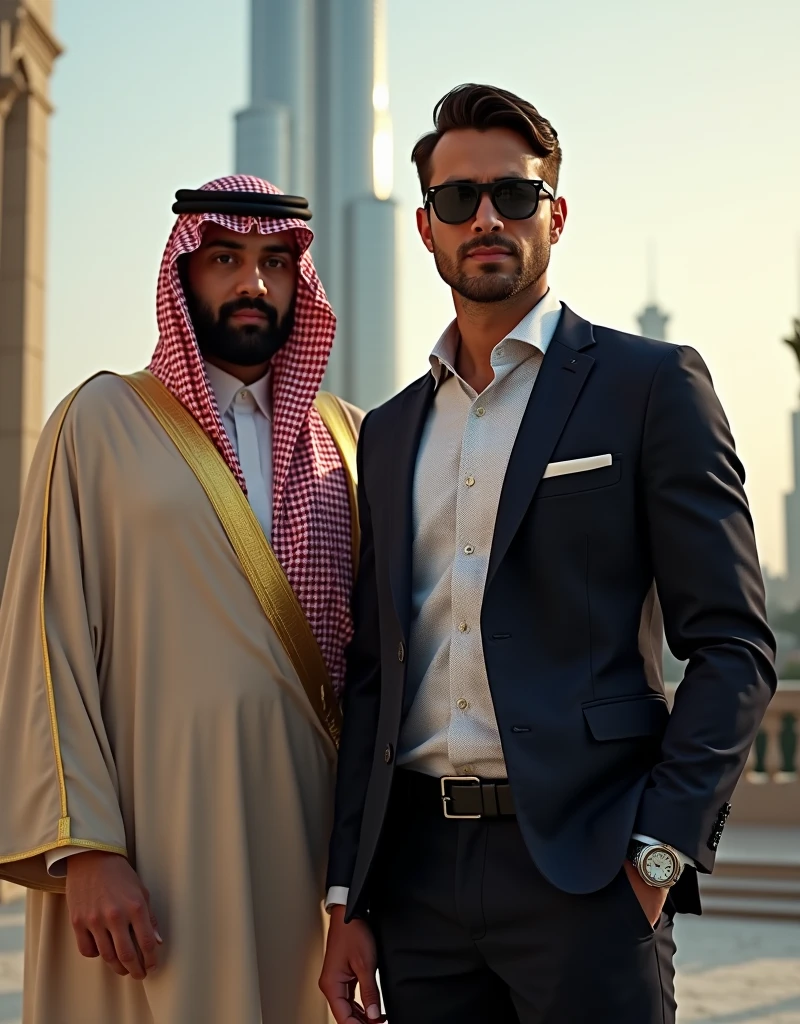 A rich Arab man with handsome face features with beard and he is wearing Arab traditional white dress and he is standing near the sport car