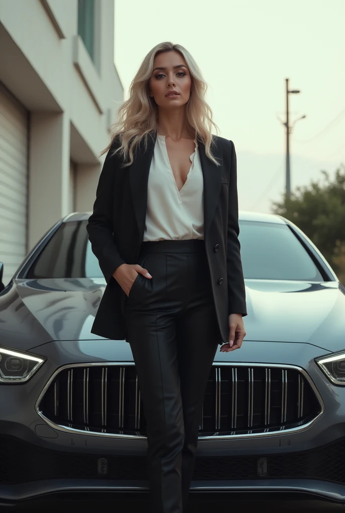 <lyco:Car_model:0.8> cmod,1girl,full body, vehicle focus, solo, car, white pants, blonde hair, jewelry, motor vehicle, pants, long hair, necklace, ground vehicle, black footwear, high heels, sports car, standing, jacket, shirt