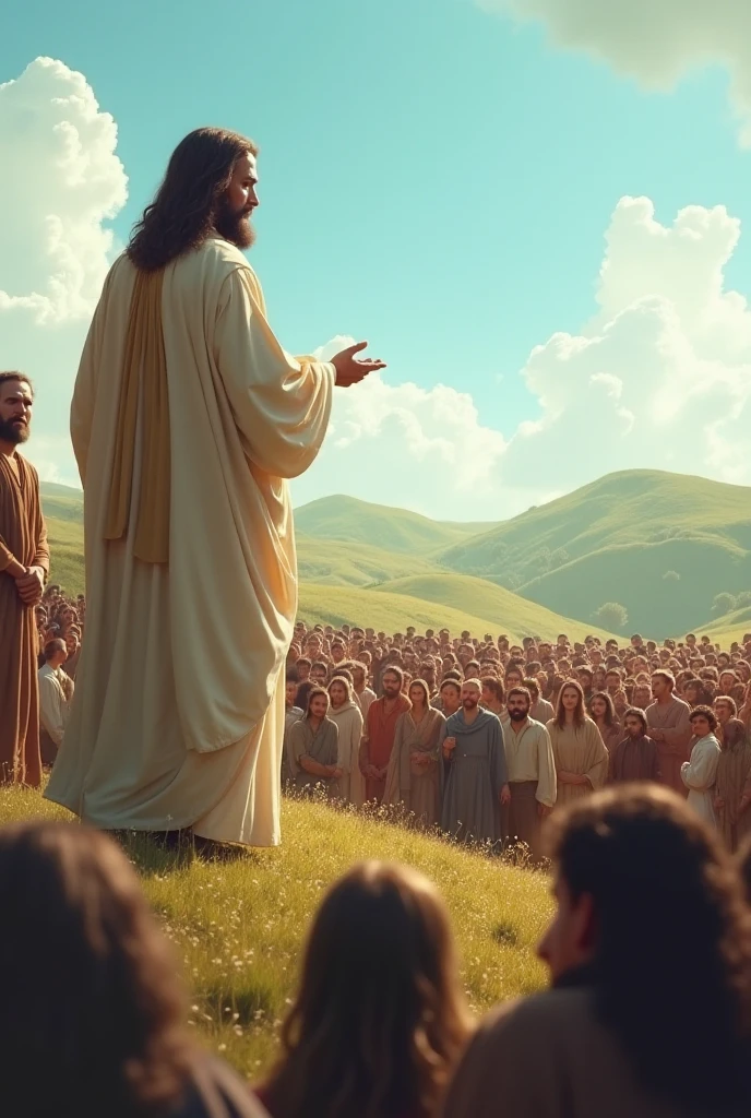 Scene showing Jesus delivering the Sermon on the Mount, surrounded by a crowd of people.