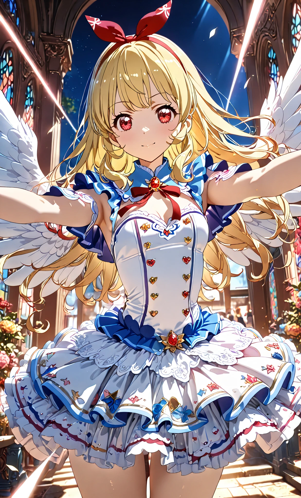 COWBOY shot:1.4,(masterpiece, best quality, highly detailed, ultra detailed, high resolution, absurdres, 4K, 8K:1.2), (official art, incredibly fine illustration, extremely detailed CG, detailed background, cinematic lighting, dynamic angle, perfect hands, detailed shiny skin, detailed hair, detailed eyes)(extremely awesome detailed pretty face,beauty face)(extremely detailed)(Three-dimensional depiction)
BREAK,,aikatsu,hosimiya ichigo, 1girl, , solo, , Blonde hair, , ANGEL wing, RED eyes, looking at viewer,Ichigo Hoshimiya (Aikatsu!),(RED Ribbon on HAIRband:1.2)