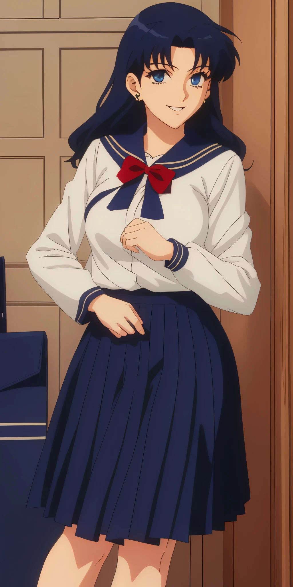 Young woman drawn in 80’s anime art style.
Retro anime. Vintage Anime. Classical Anime.
She has long and wavy blonde hair, blue eyes, full lips, and a beauty mark located under the right side of her mouth. She is well known for her curvaceous figure of which her most distinctive trait is her very large breasts. She is also wearing jewelry and a seductive smile.
She is wearing a sailor fuku (セーラー服, sērā fuku, sailor outfit) is a common japanese style of uniform worn by women, traditionally by high school female students.
The uniform generally consists of a sailor-styled blouse attached with a (Navy blue sailor-style collar) and a Dark Navy Blue Sailor Blouse. The length of the long skirt goes down past her ankle.
A ribbon is tied in the front and laced through a loop attached to the sailor blouse. The color is the ribbon is red. (RED RIBBON)
(Dark Navy Blue Sailor Shirt)
(Dark Navy Pleated Skirt)
She is holding a briefcase
(High School)