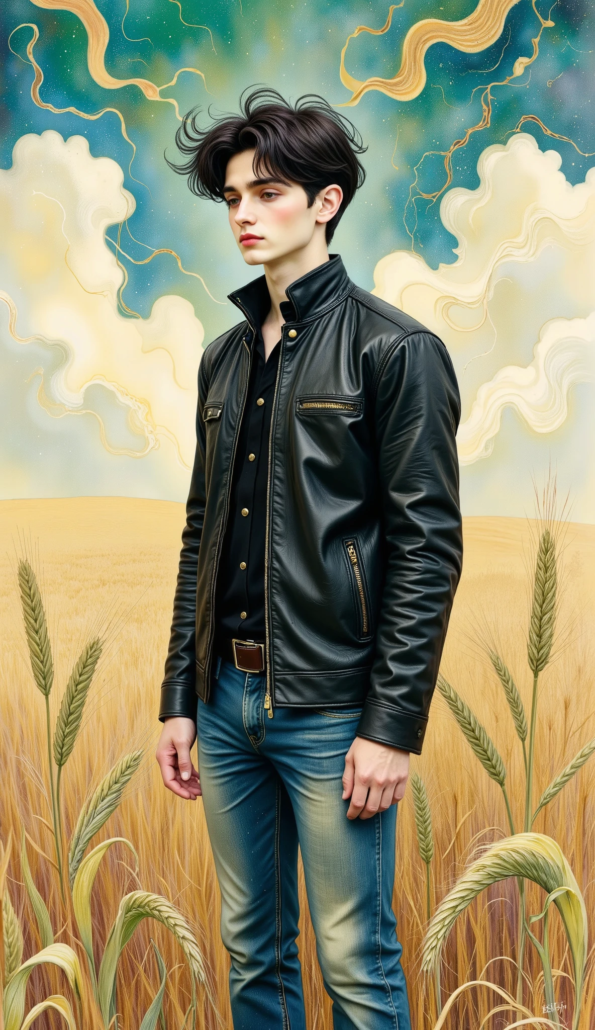 A man from Arafat wearing a leather jacket and jeans standing in a field behind the camera, looking to the side , with sunglasses, and his hands in the pockets of his jeans , in a wheat field, , Digital art of Gabriel Ba , tumblr, Fine Arts, Hedi Slimane, wearing the samcrow leather jacket , Leather jacket and jeans , Editorial image, editorial photograph , wearing a leather flight jacket , Official Valentino editorial, high detail, Fine Arts piece, wearing leather jacket , Dior official editorial