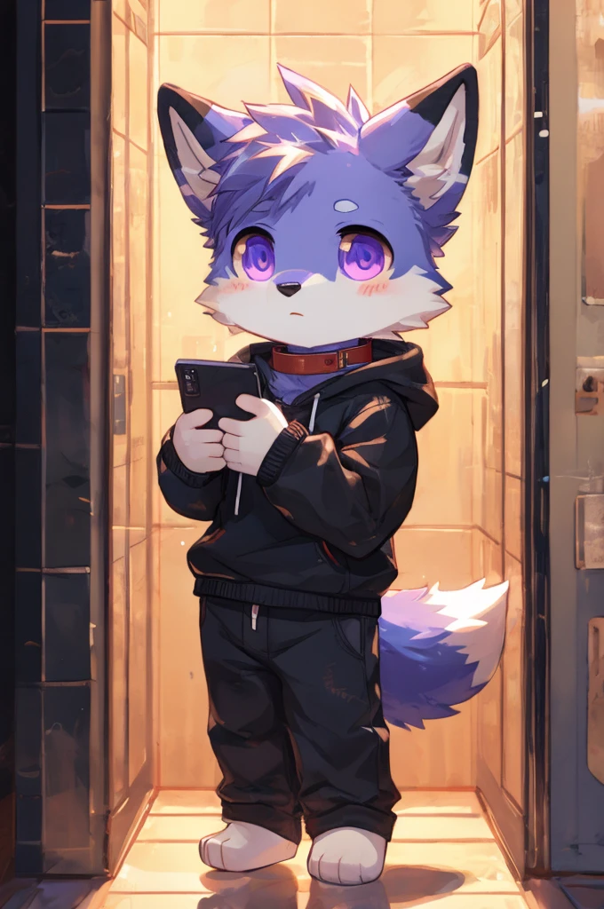 Alone  , beautiful anthro furry male fox Purple,  anthropomorphic, violet eyes, white ears, white tail, beautiful snout, in an elevator,  wearing flannel ,  black pants,  black sweatshirt with a disinterest emoji ,  standing in a corner , Inserted ,  person next to him talking on the phone,  close,  frowns looking away , (purple fur), ( purple and white fox ), beautiful,  adorable art , chibi art, (Chibi), ( hands in the sweatshirt ), Chibi, blushes, red face, barefoot, Alone , Alone, stay Alone, collar.