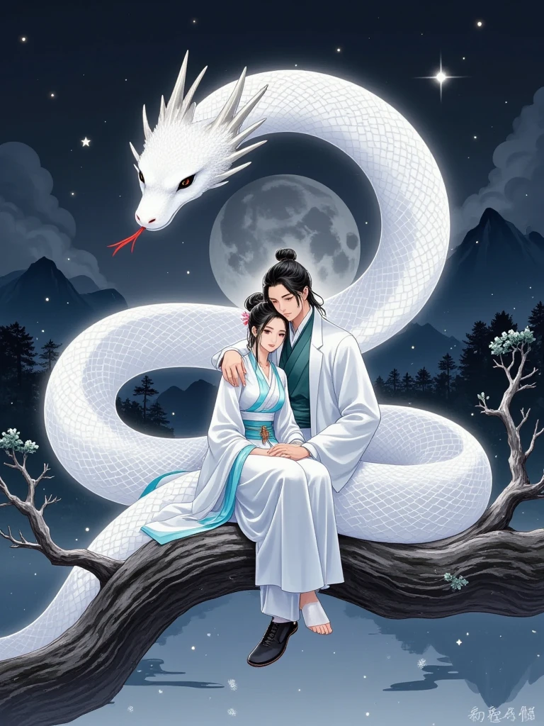 White Snake, 1girl , Romantic ancient style,night,Backlight,A man and a woman sitting on a tree branch,There is a full moon behind,Fresh colors,Soft colors,Diode lamp,Concept art style,Extremely complex details,Clear distinction between light and dark,Structured, Ultra HD