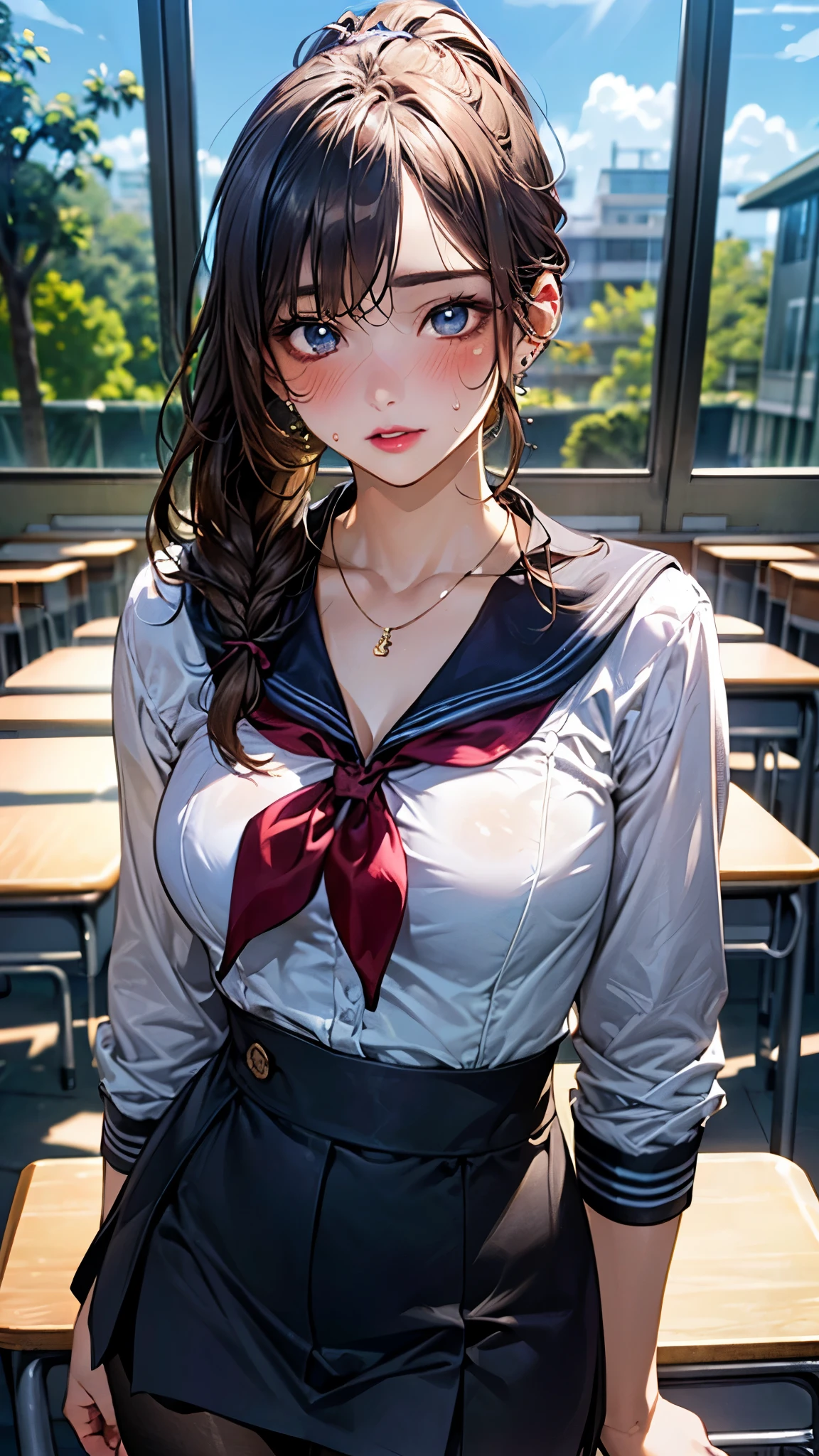 (RAW photo: 1.2), (photorealism: 1.4), top quality, beautiful detailed girl, huge file size, high resolution, 8k wallpaper, full body naked, fine detail, highly detailed ticker uniform 8k wallpaper, hyper realistic, super detail, masterpiece, 16 year old girl, very detailed eyes and face, beautiful detailed eyes, light on face, movie lighting, sexy pose, varied pose, brown ponytail hair, beautiful gigantic breast, school PA uniform, ((school PA uniform in school gym)), standing, shot from below, school gym, rainy days, dark sky, ((she is sweating))