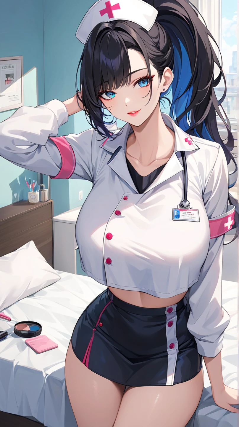 clinic，drape，One Girl，caregiver，White Dress，Super Skirt，Upper limbs，Hips，huge ，masterpiece，Highest quality，Very detailed，(((nurse,Sweat,vapor)))Spread your legs and straddle the bed、Leaning forward、